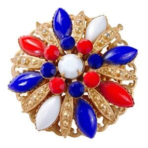 Mid Century Patriotic Brooch, Red White Blue Americana Glass 1940s USA Pin